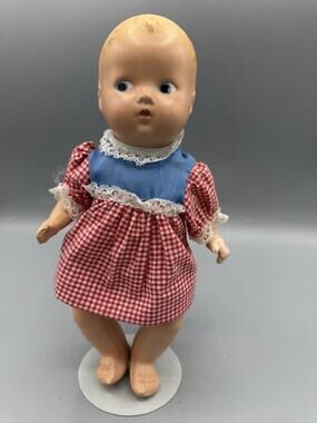 Vintage 1950s 8” Baby Doll Side Glance Eyes Molded Hair Gingham Dress